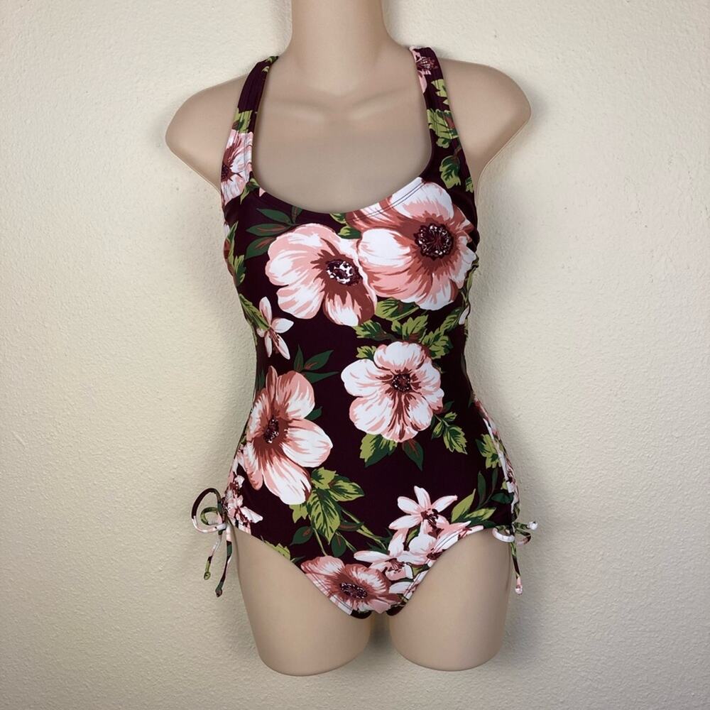 Kona Sol Swim Bathing Suit One Piece Burgundy Floral Size XS 0-2 Adjustable Leg